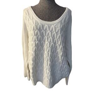 Liz Claiborne Sweater Women's XL White Cotton Pullover Cable Knit Long Sleeve